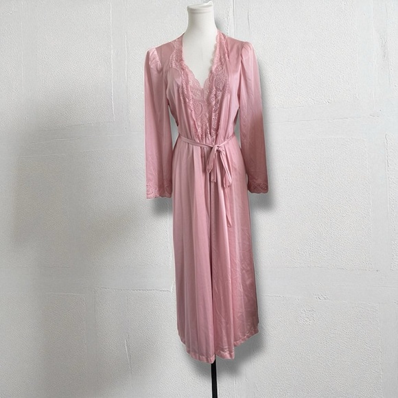 Vintage Pink Lace Robe & Slip Set 70s Satin Lingerie Peignoir Dressing Gown S/m - Picture 2 of 14